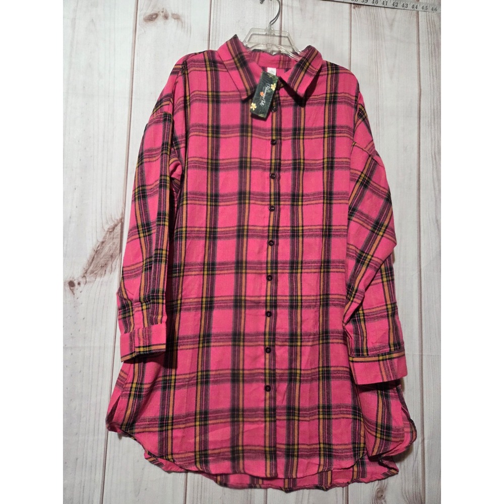 Blooming‎ Jelly Womens Pink Plaid Flannel Longline Shirt Button Down Tunic Large